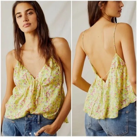 Free People Tops - NWT FREE PEOPLE Intimately Lemon Yellow Pink Floral Print Cami Tank Top